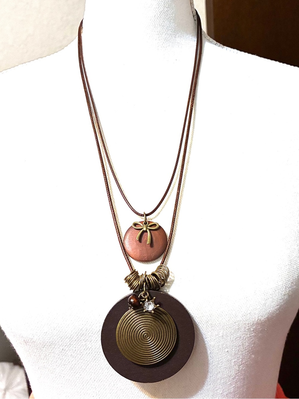 Layered Brown Pendant Necklace with Bronze Accents
